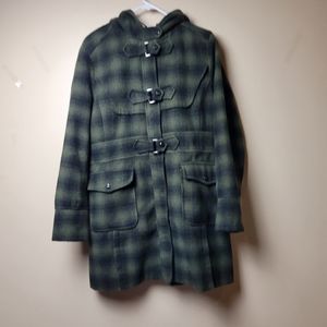 Steve Madden Womens Wool Blend Hooded Green and Black Plaid Coat XL